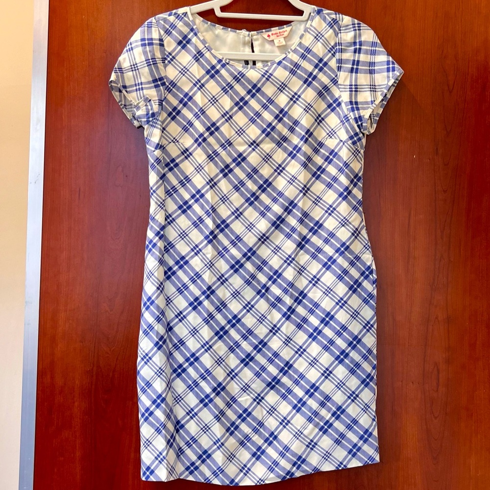 Brooks Brothers Red Fleece Dress Size 0 Silk Windowpane Blue Pattern Sheath Silk
